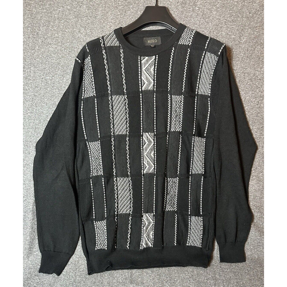 Miko Sweater Mens Large Black Wool Blend Crewneck Geometric 90s Long Sleeve Knit